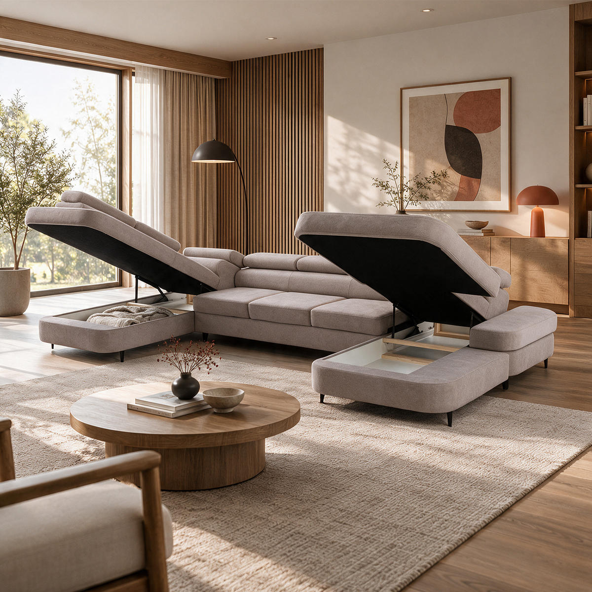ECKSOFA U-Form PRIAM MAXI U Links mit Schlaffunktion 125x317 Velours Beige - Beige/Schwarz, Holz/Textil (203/91/400cm) - Muffo