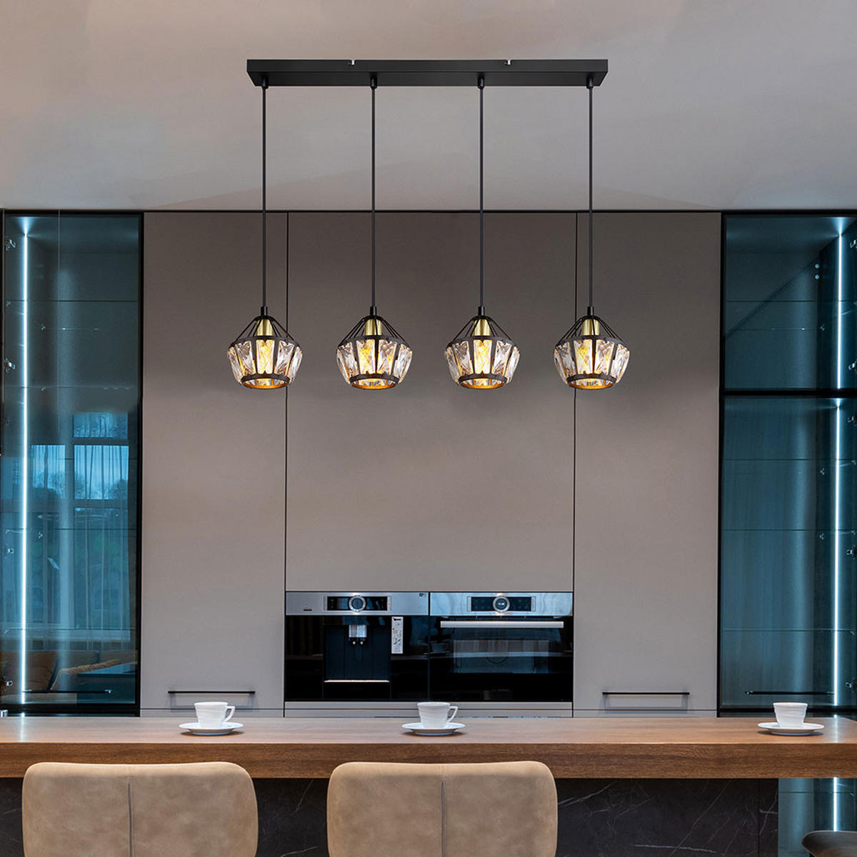 LED HÄNGELEUCHTE Metall Schwarz-matt 4-Flammig - Schwarz, Glas (73/12.5/150cm) - Globo Lighting