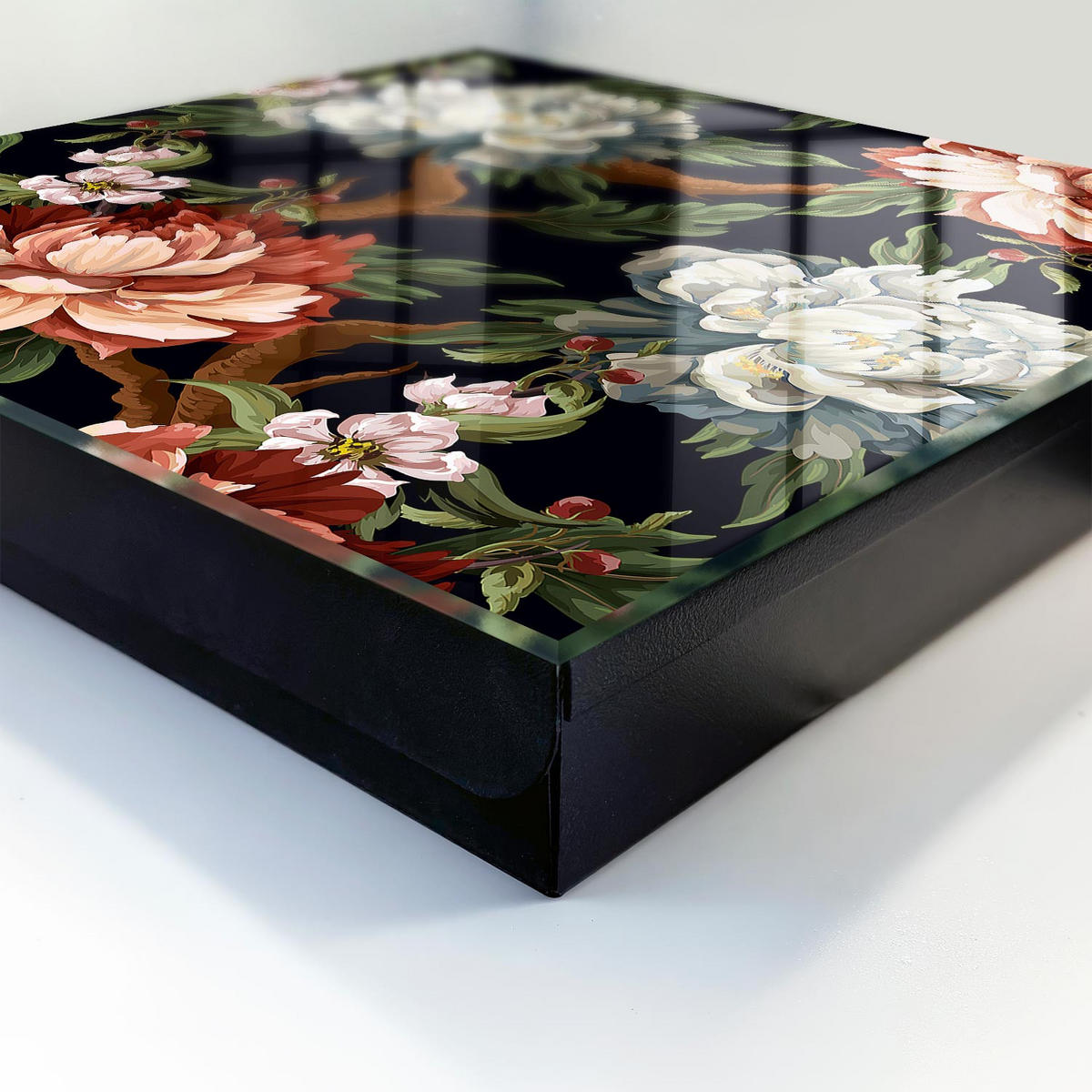 SCHLÜSSELBOX Schwarz 30x30 cm- Türöffnung nach rechts - Blumen der Natur - Grün, Metall (30/30/5cm) - TULUP