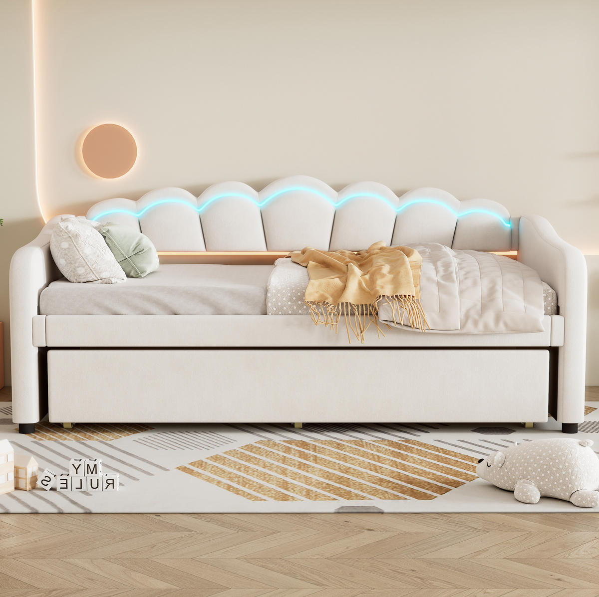 TAGESBETT 90/200 cm mit ausziehbarem Rollbett, LED-Beleuchtung und Samtbezug, Beige - Beige, Textil (90/200cm) - Redom