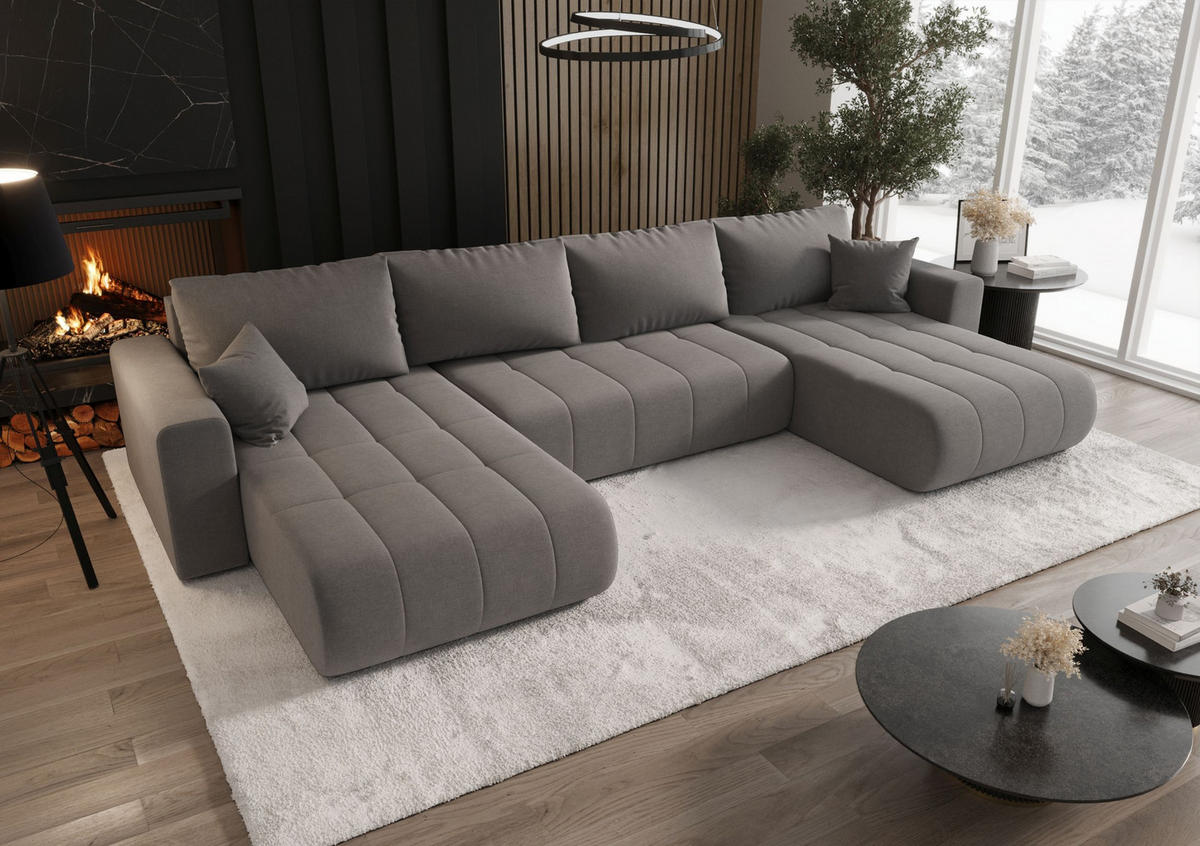 SEDACÍ souprava LARA tvar U šedá pletená tkanina Wind 90 - funkce spaní, úložný prostor - šedá, textil (385/85/175cm) - Cornero