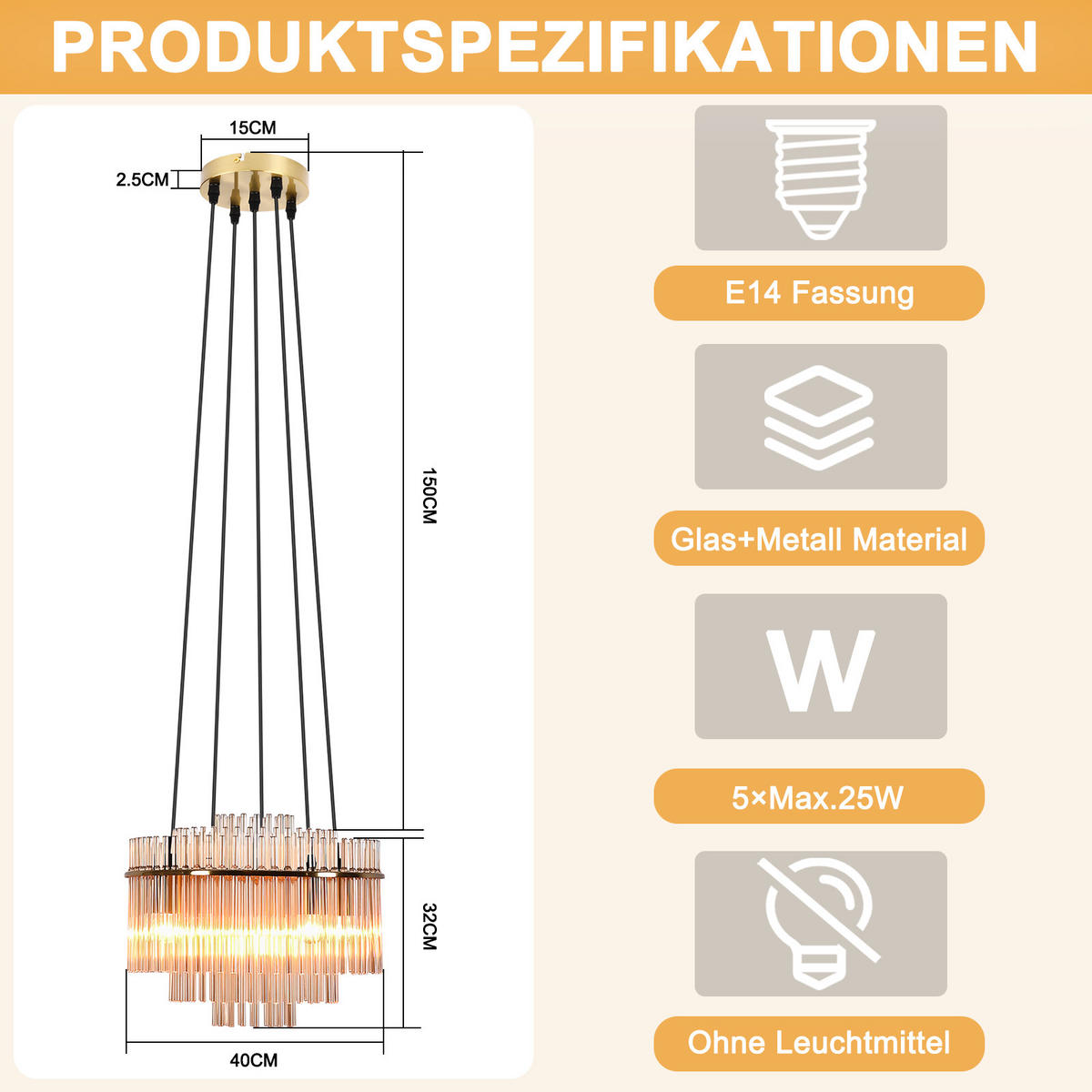 PENDELLEUCHTE Thomas 15/40/150 cm - Goldfarben, Glas (15/40/150cm) - ZMH