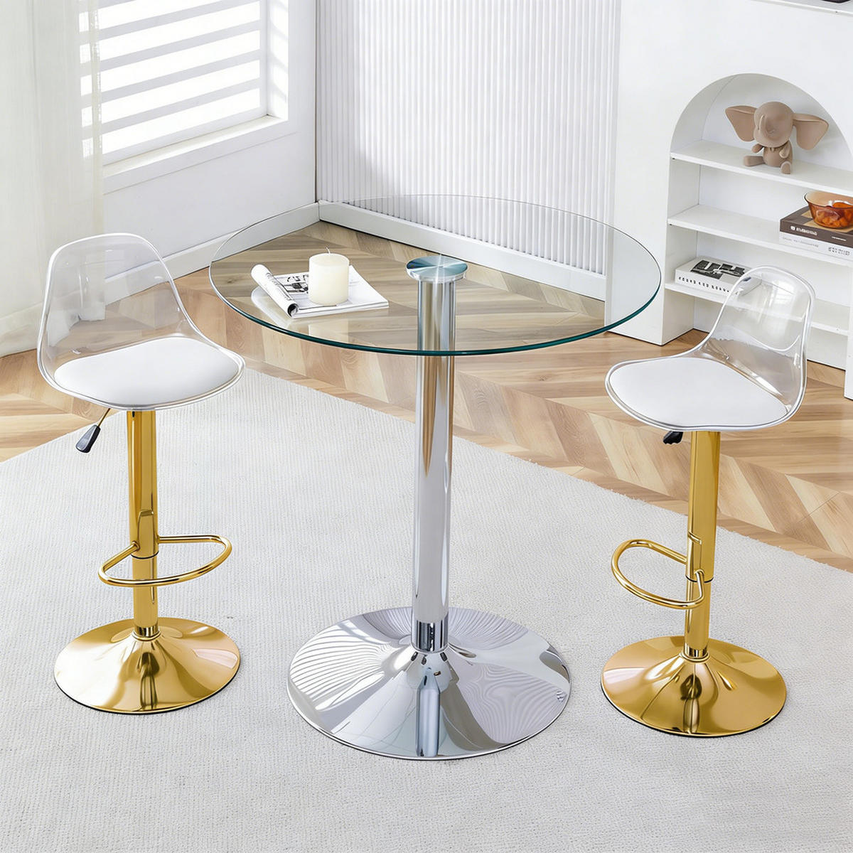 TISCHGRUPPE 3-tlg Glastisch 89 cm mit 2 Barhocker Drehbar Gold - Transparent/Goldfarben, Glas/Metall (49.5/50.5/52cm) - Raelunyi