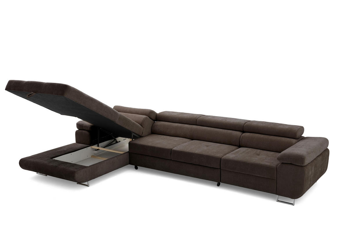 ECKSOFA ALONZO MAXI Links mit Schlaffunktion 125x195 Chenille Dunkelbraun - Chromfarben/Dunkelbraun, Holz/Textil (350/203cm) - Muffo
