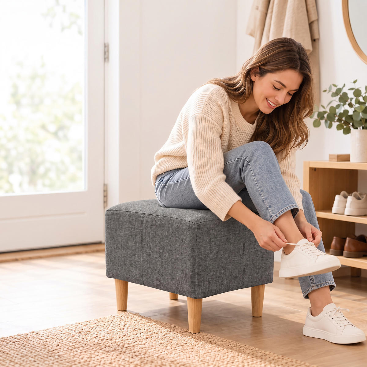 FUSSHOCKER Dunkelgrau gepolstert Holzfüße - Anthrazit, Holz/Textil (61/42/41cm) - Relaxdays