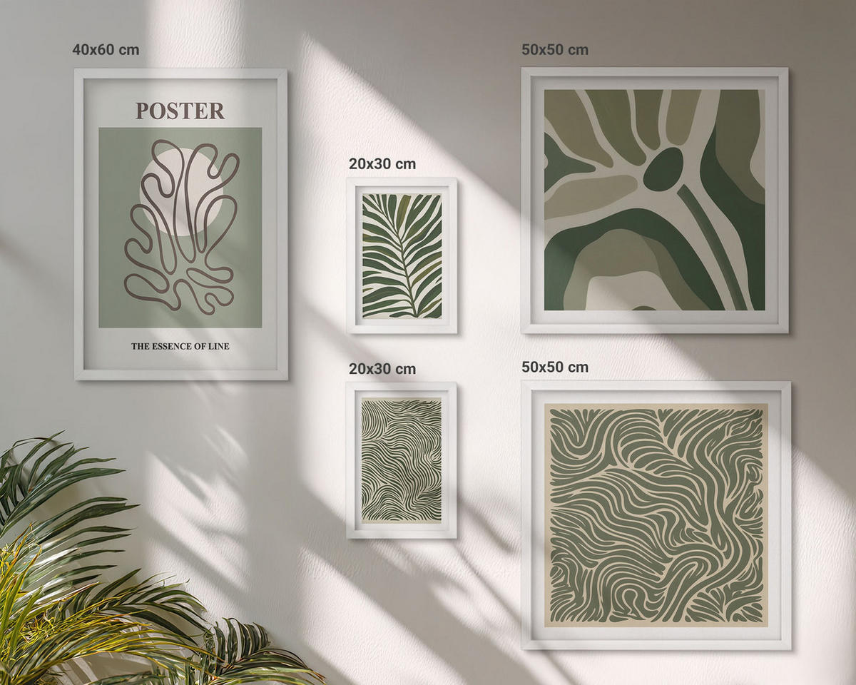 WANDBILDER 5er-Set - 50x50 cm & 20x30 cm & 40x60 cm Weißer Rahmen - Blattmuster und wellenförmige Formen - Weiß, Kunststoff (40/60cm) - ArtPrintCave