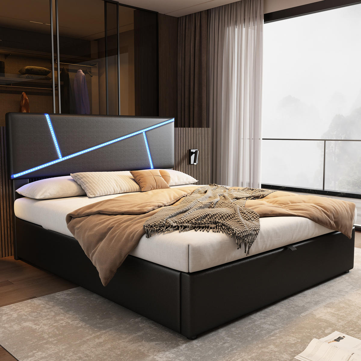 POLSTERBETT mit LED-Beleuchtung 90/200 cm mit Bettkasten und gepolstertem Kopfteil - Schwarz, Kunststoff (90/200cm) - BEAOK