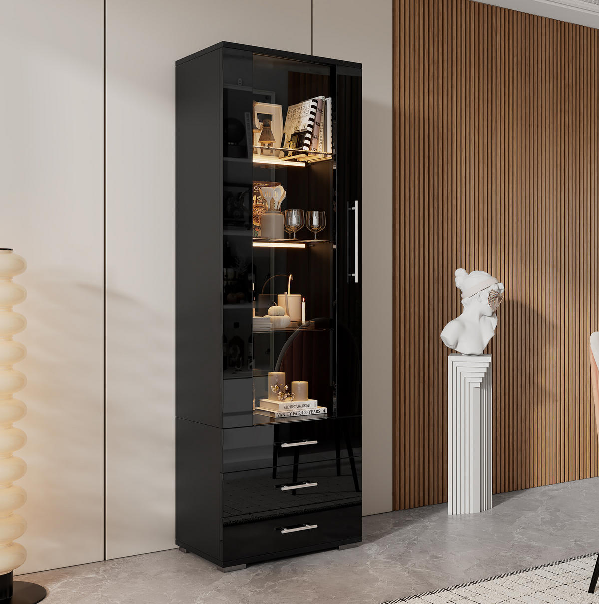VITRINE aus MDF 60x35x180 cm Schwarz mit LED-Beleuchtung, Hochglanzfront und 3 Schubladen - Schwarz, Holzwerkstoff (60/180/35cm) - IVMEU