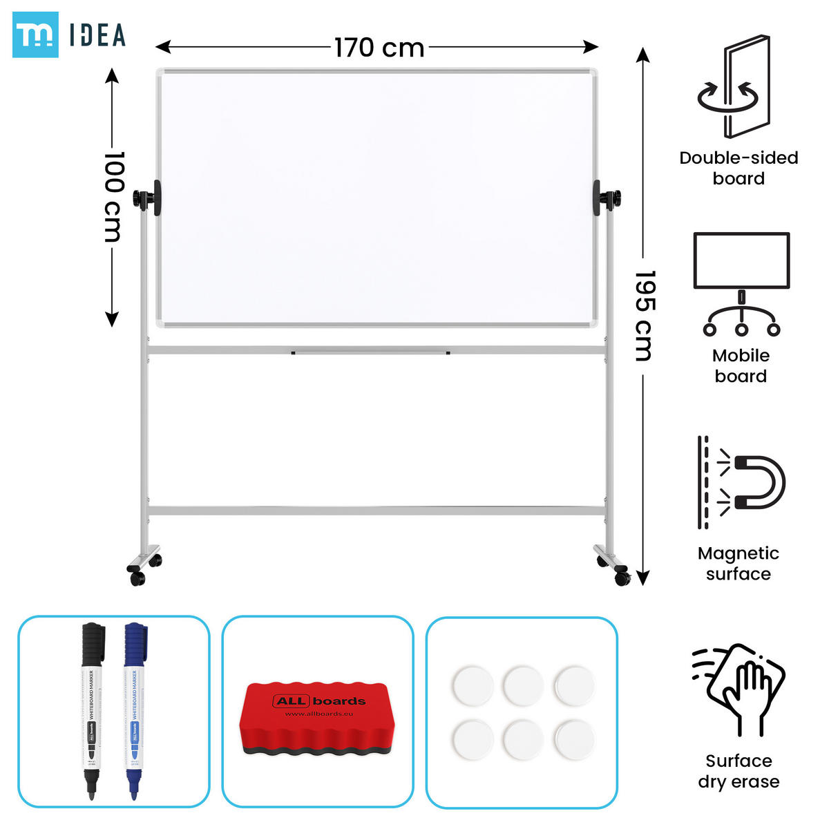 MOBILES Board, Serie: TM Idea/Flex – mit doppelseitiger Whiteboard-Oberfläche, drehbar, 170×100 cm - Weiß, Metall (170/100/62cm) - ALLboards