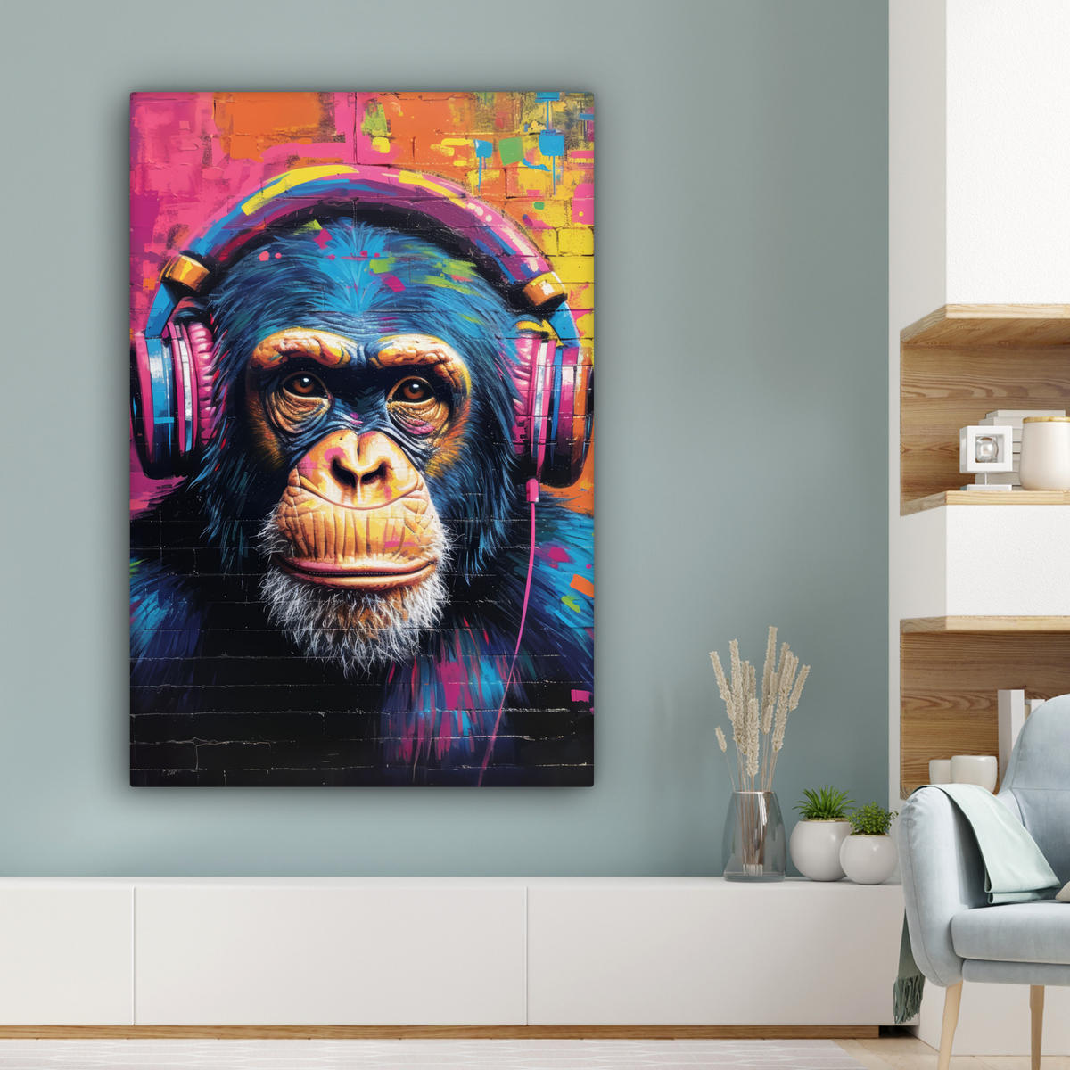 LEINWANDBILD Graffiti - Schimpanse - Straßenkunst - Kopfhörer - Affe 90x140 cm - Blau, Textil (90/140cm) - MuchoWow