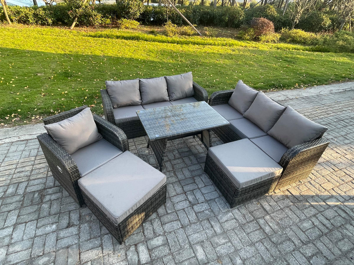 GARTENMÖBELSET mit ESSTISCH,SOFA Polyrattan 10-Sitzer - Dunkelgrau/Grau, Glas/Kunststoff - Fimous
