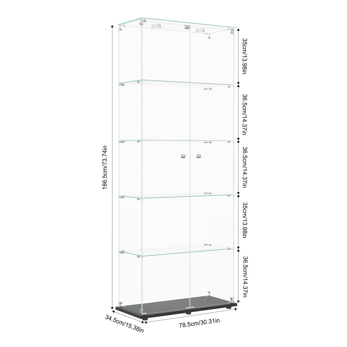 STANDVITRINE 78,5x186,5cm Schwarz mit Spots, 5 Böden, abschließbar - Schwarz, Glas (34.5/186.5/78.5cm) - SHOPENTRA