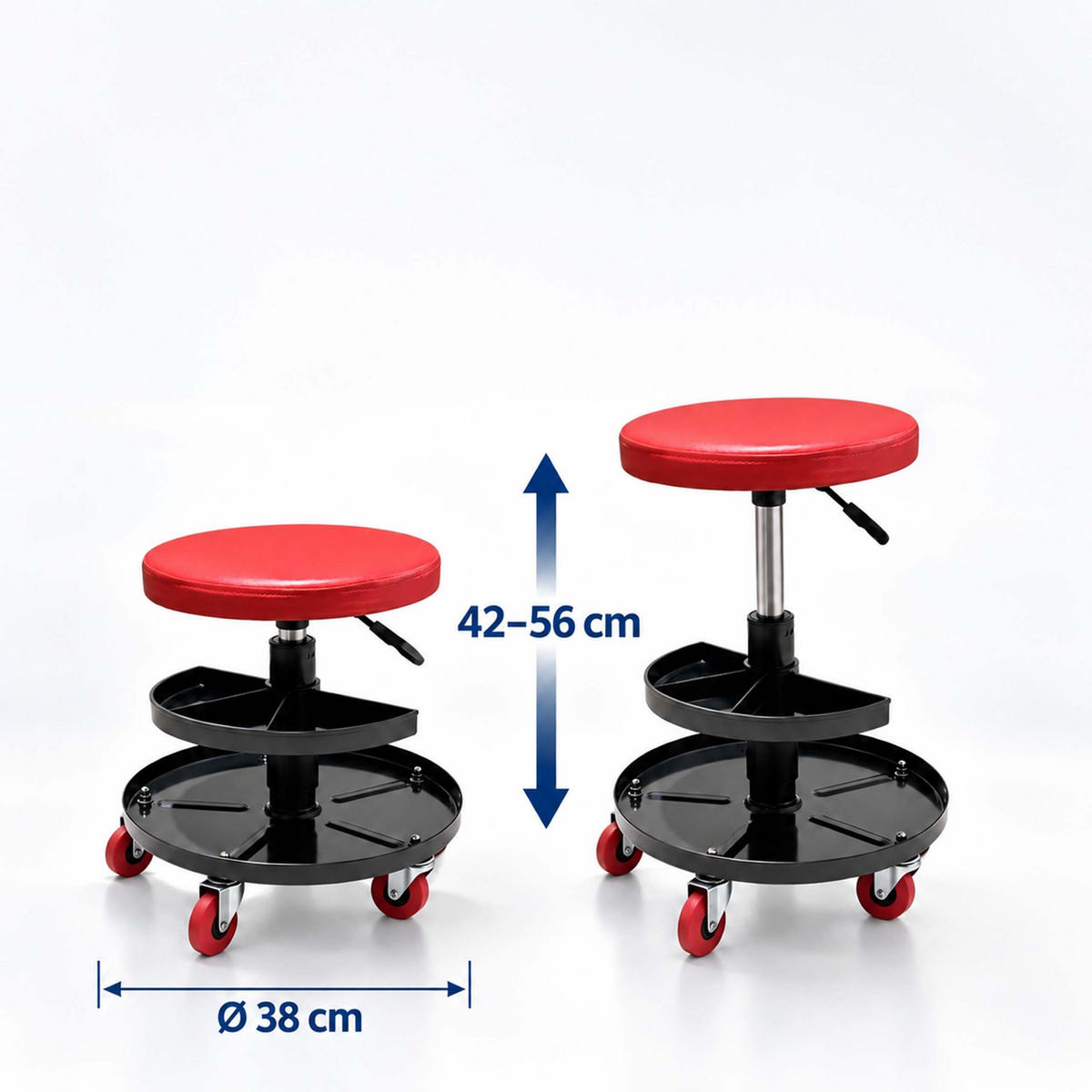TABURET Roșu de atelier reglabil pe înălțime cu compartimente de depozitare 42 cm - roșu, material plastic/metal (38/42/38cm) - Relaxdays