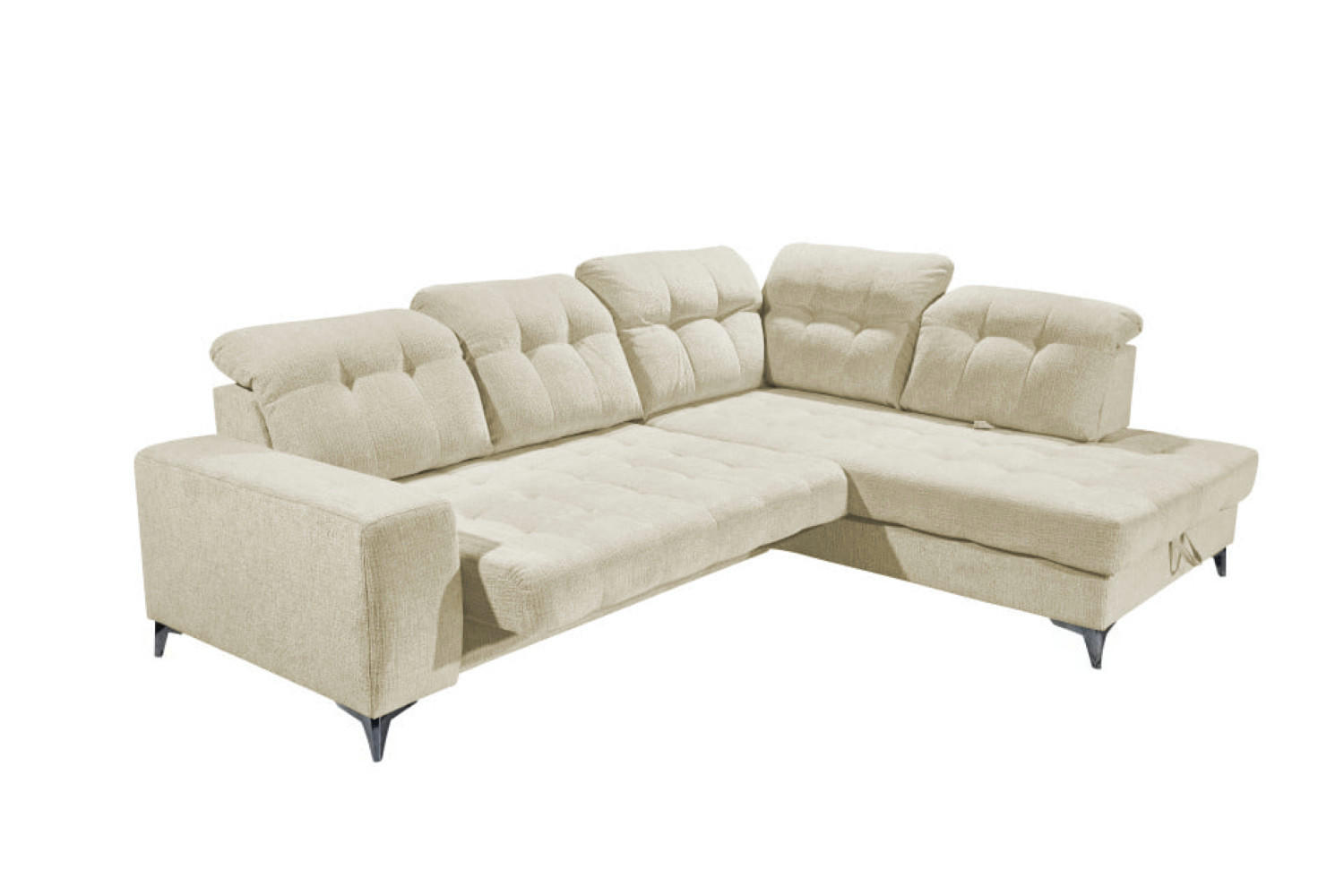 ECKSOFA mit elektronischem Sitzvorschub, Bettkasten und USB-Anschluss - Champagner/Schwarz, Textil/Metall (220/289cm) - ed exciting design
