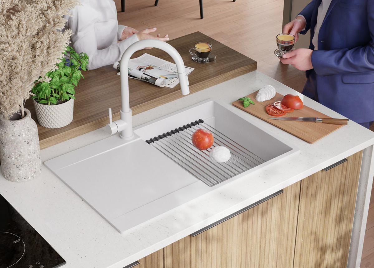 GRANITSPÜLE San Francisco, 2-er set Weiß 78/50 cm 1 Becken + Küchenarmatur 32/20 cm + Ablauf-Set + Aufrollbare Abtropffläche ab 50er Unterschrank - Chromfarben/Weiß, Kunststoff (78/20/50cm) - Primagran