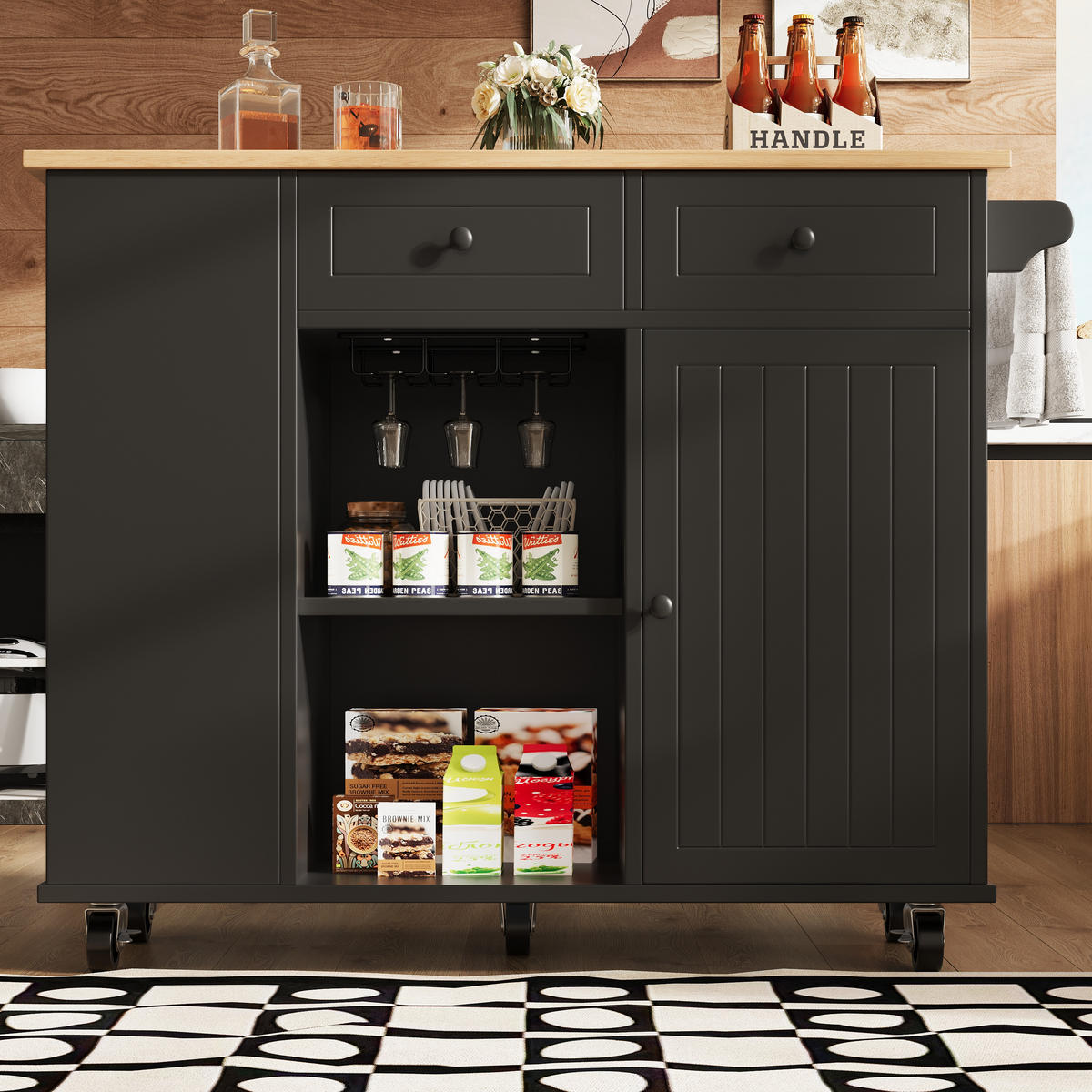 KÜCHENWAGEN 120x76x91.5cm Schwarz mit Weinglasregal, Snackregal & Rollen - Schwarz, Holzwerkstoff (120/91.5/76cm) - Modfu