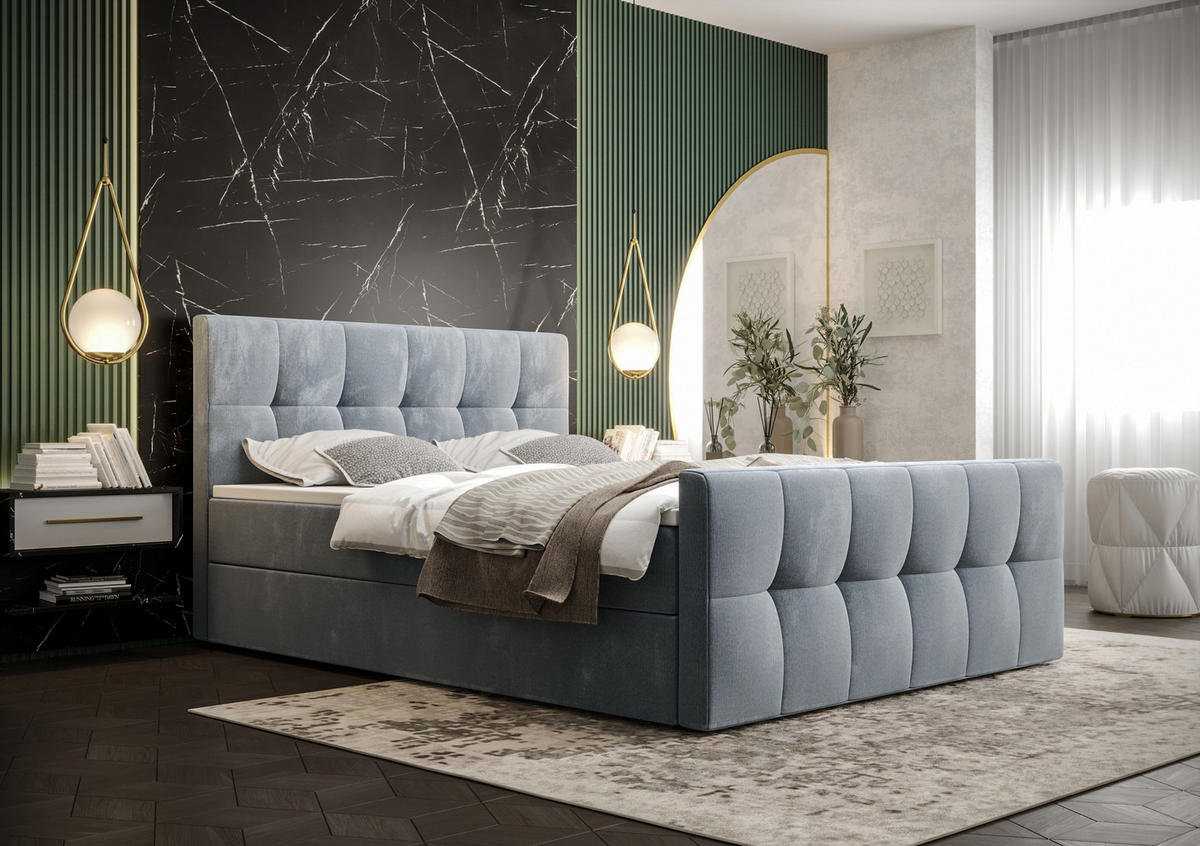 BOXBETT MANHATTAN mit Matratze H3, Bonell und Topper 160x200 Monolith 70 - Hellblau, Holz/Textil (160/200cm) - Bedante