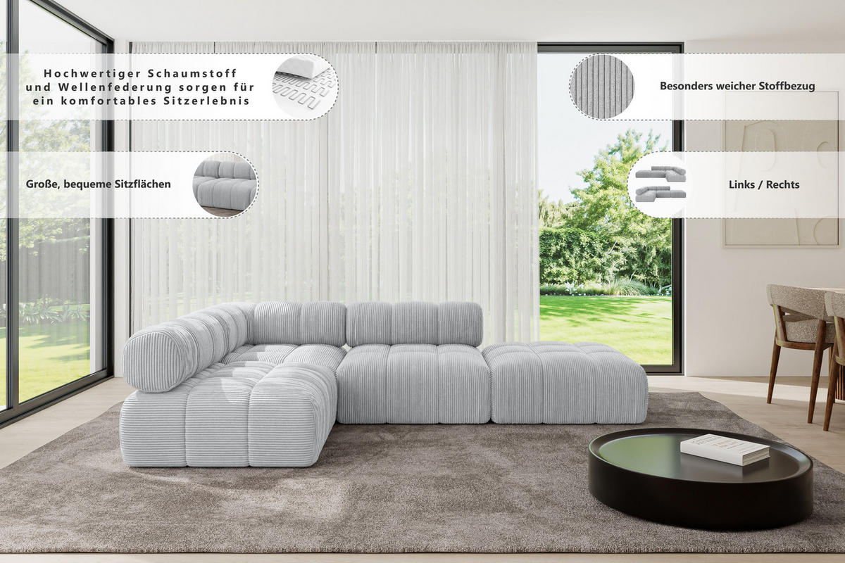ECKSOFA modulares Sofa Favio-L1 - 285x190x70 cm Grün Cord - Grün, Holzwerkstoff/Textil (285/190cm) - ALTDECOR