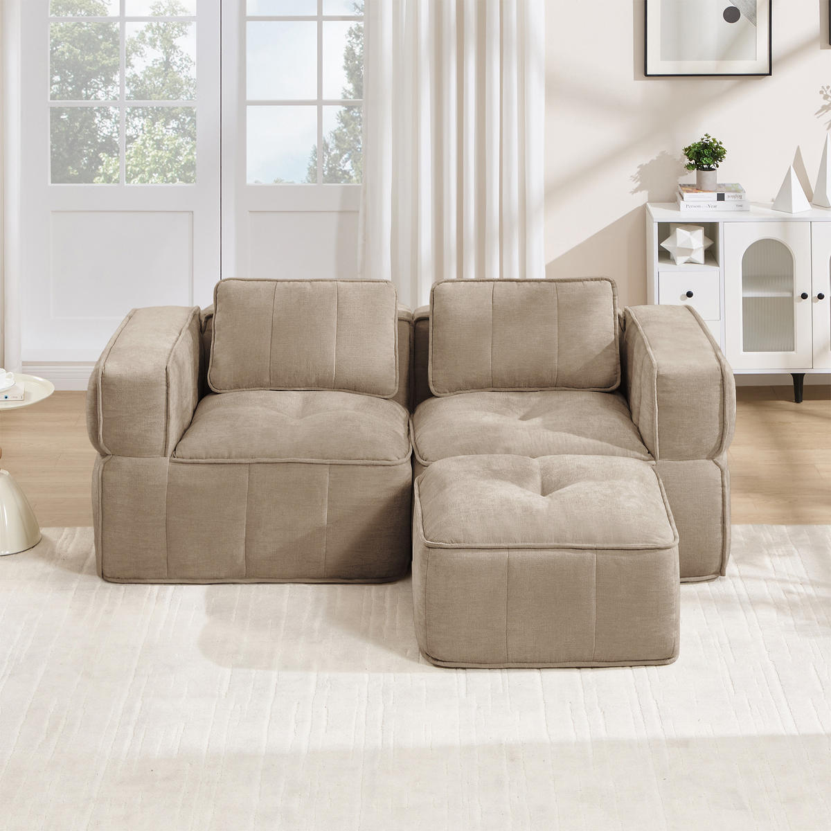 ECKSOFA DE-34428 L-Form mit Hocker Sand - Sandfarben, Textil (93/198cm) - ComfortXL