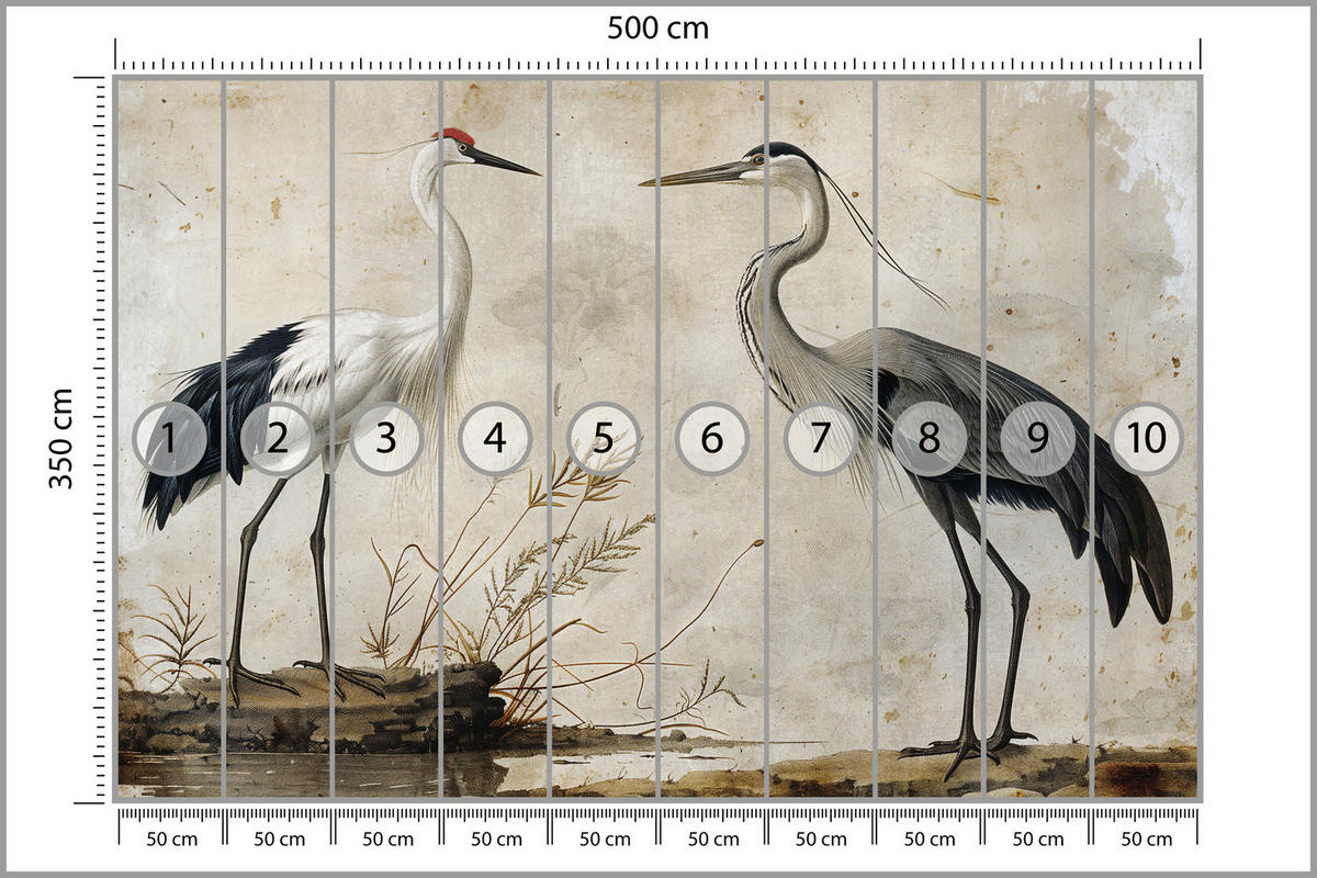 FOTOTAPETE Vögel Vögel Kranich Reiher Retro Stil 500x350 - Beige/Rot, Papier (500/350cm) - Muralo