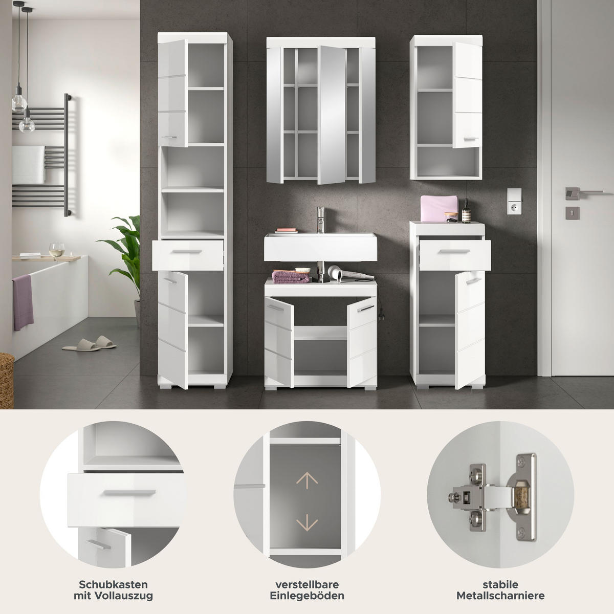 BADKOMBINATION 4tlg. Scout Bad in weiß Nachbildung und weiß hochglanz B/H/T: 164x191x34 cm - Weiß, Holz (164/191/34cm)