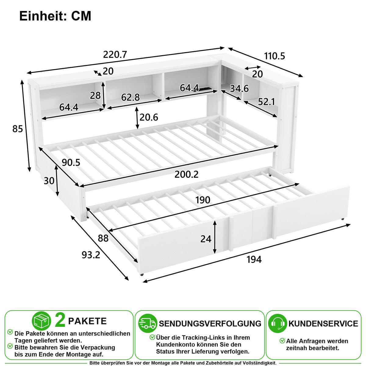 METALLBETT 90/200 cm in Weiß mit Ausziehbett, LED, USB und Stauraum - Weiß, Holzwerkstoff/Metall (90/200cm) - CHICFURN