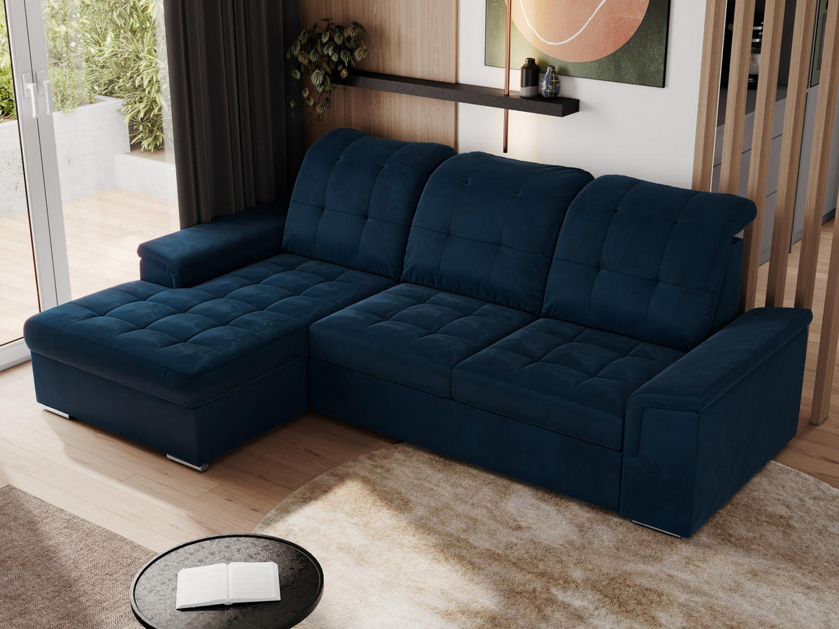 ECKSOFA MADRITO L - Dunkelblau Velorus - Links - Silberfarben/Dunkelblau, Textil/Metall (160/256cm)