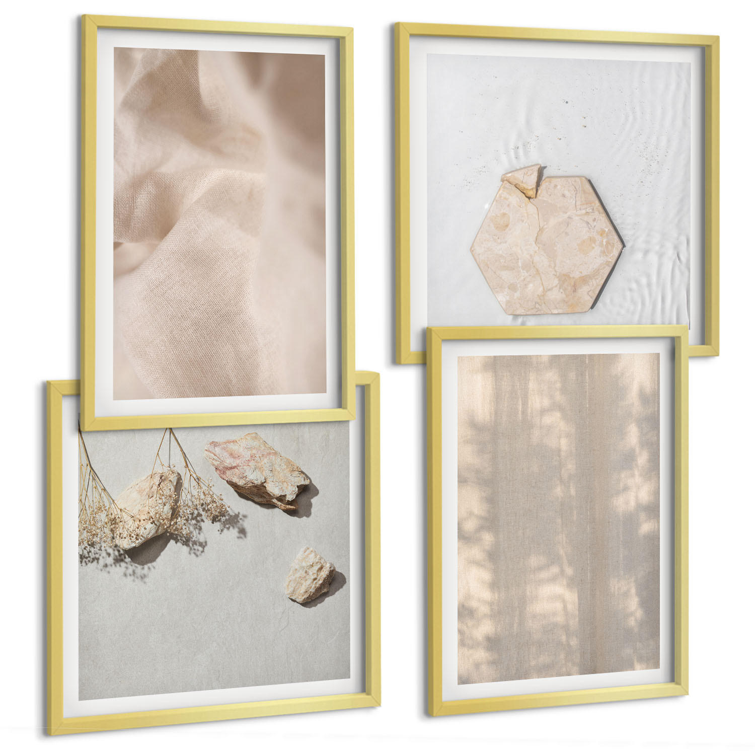 BILDER SET 4er Set - 50x50 cm & 40x60 cm Goldrahmen - Dezente Boho-Naturtexturen - Goldfarben, Kunststoff (50/50cm) - TULUP