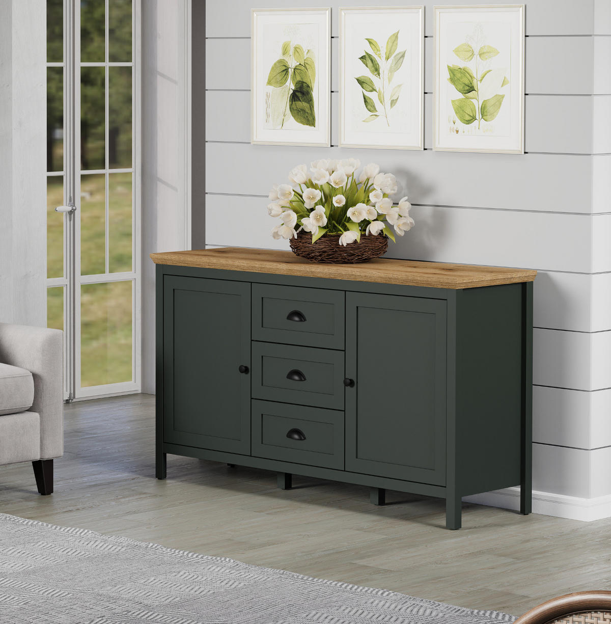SIDEBOARD grün, Evoke Eiche Landhaus 146 x 86 cm, Kommode für Wohn- und Esszimmer - Eichefarben/Schwarz, Holzwerkstoff/Kunststoff (146/86/45cm) - Top.Furn