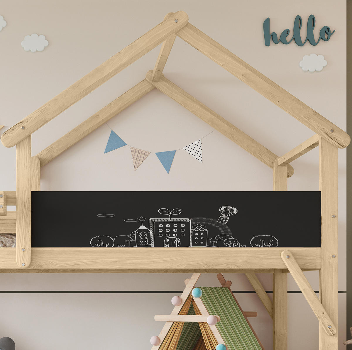 HAUSBETT 90/200 cm Weiß/Natur mit Stauraumtreppe und Tafel - Weiß, Holzwerkstoff (90/200cm) - Flora Grace