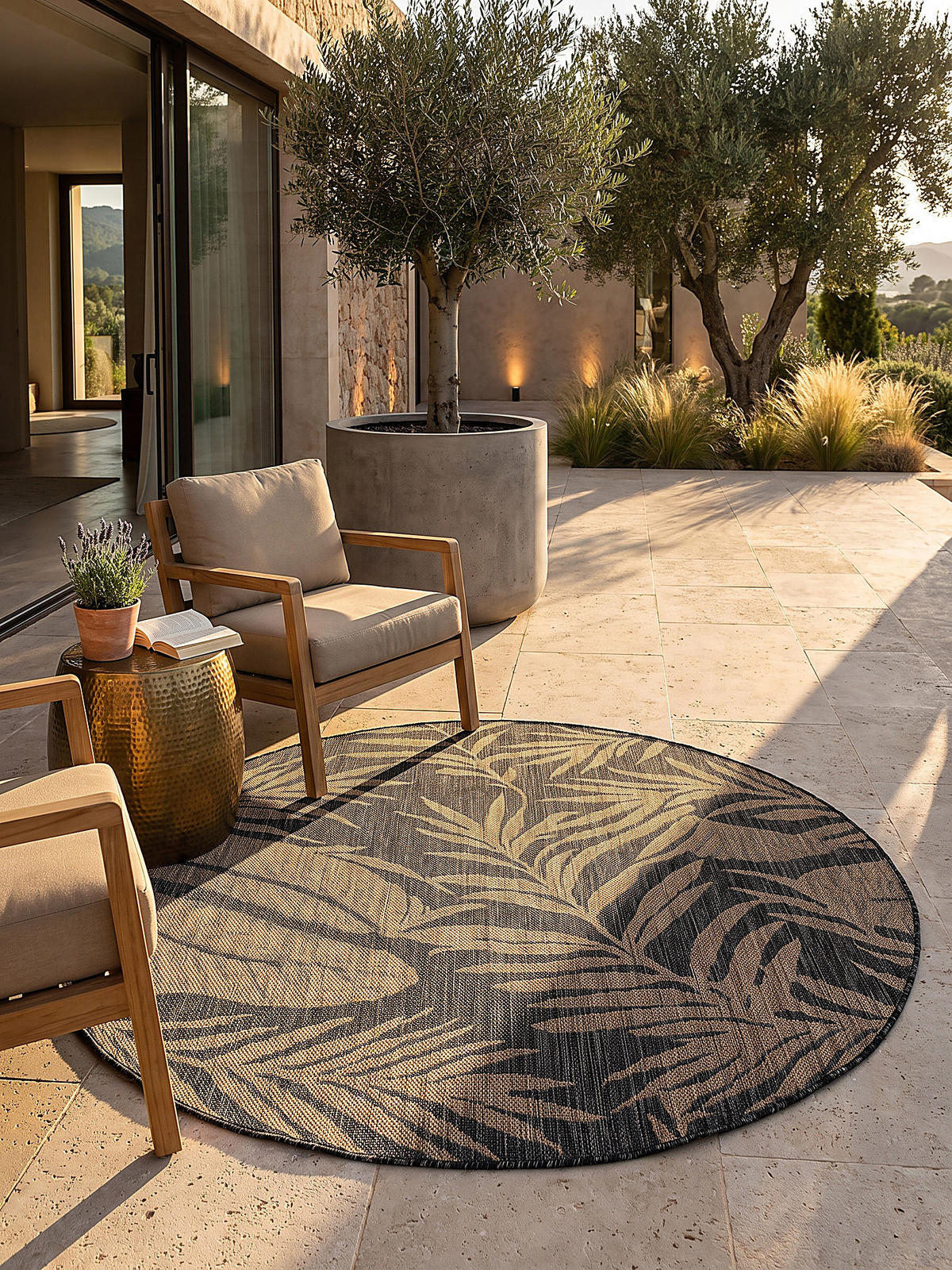 TEPPICH Flachgewebe, Outdoor, Fußbodenheizung-geeignet, mit Blattmotiv, VIGOLENO in Schwarz-Beige, Ø 160 cm - Schwarz, Textil (160/160cm) - KADIMA DESIGN