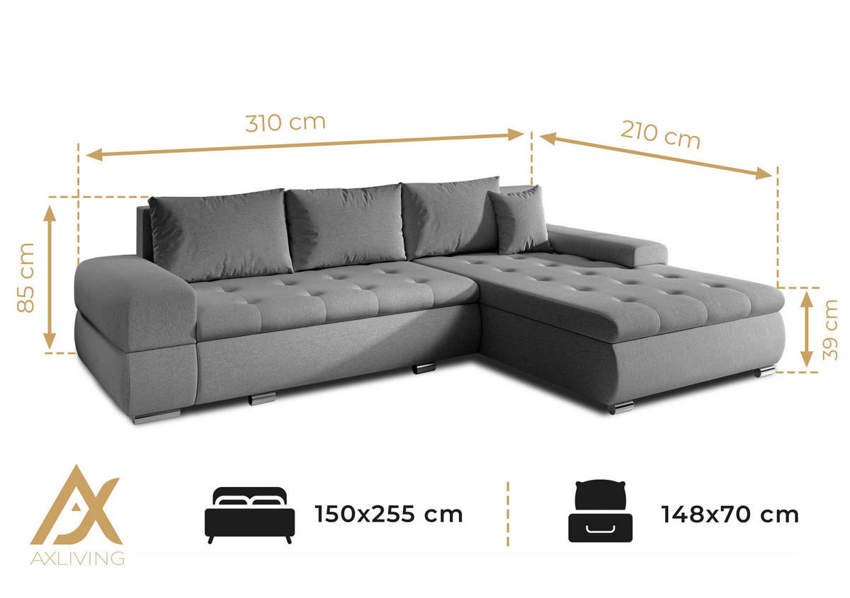 ECKSOFA L Form Sivaso Grau 310/210/85 cm – mit Schlaffunktion und Bettkasten - Silberfarben/Grau, Textil/Metall (310/210cm) - AX Living