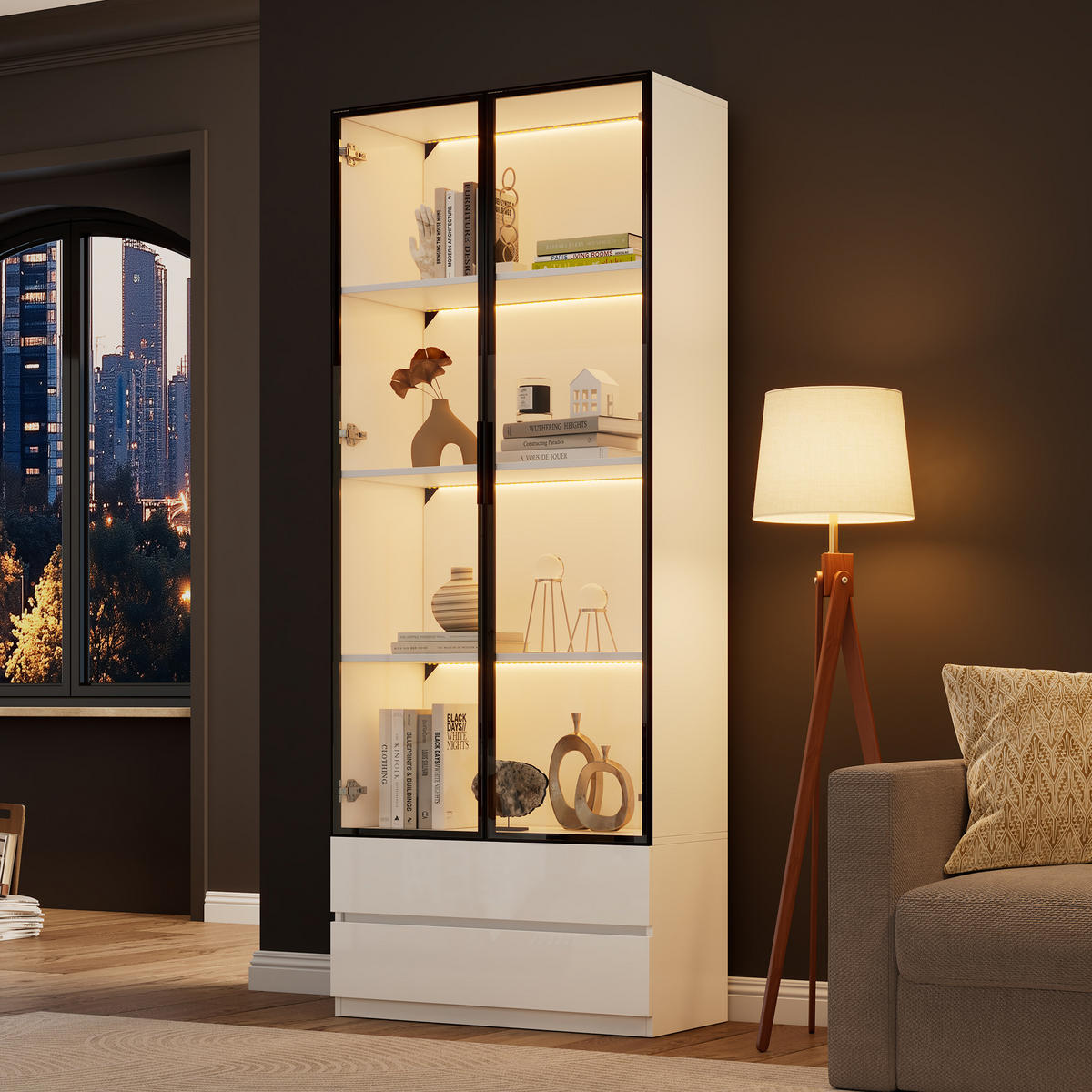 VITRINE LED Hochschrank 2 Türen 2 Schubladen Weiß - Weiß, Holzwerkstoff (80/200/34cm) - FLIEKS