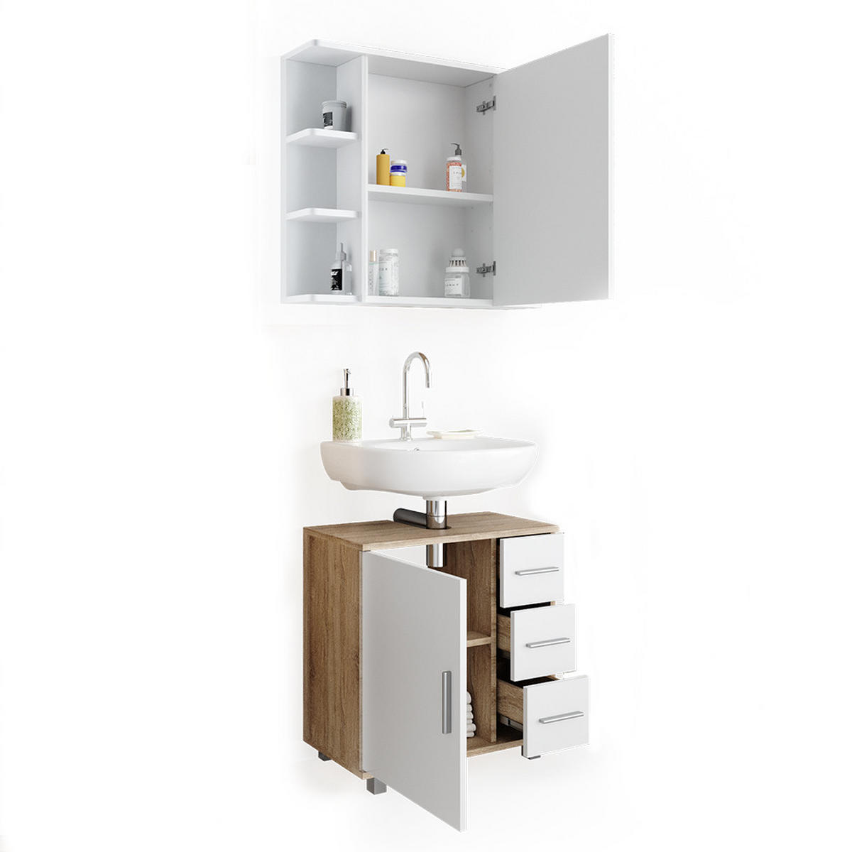 BADMÖBEL-SET Ilias Sonoma 2 Teile - Weiß/Sonoma Eiche, Holzwerkstoff (60/60.8/33cm) - Vicco