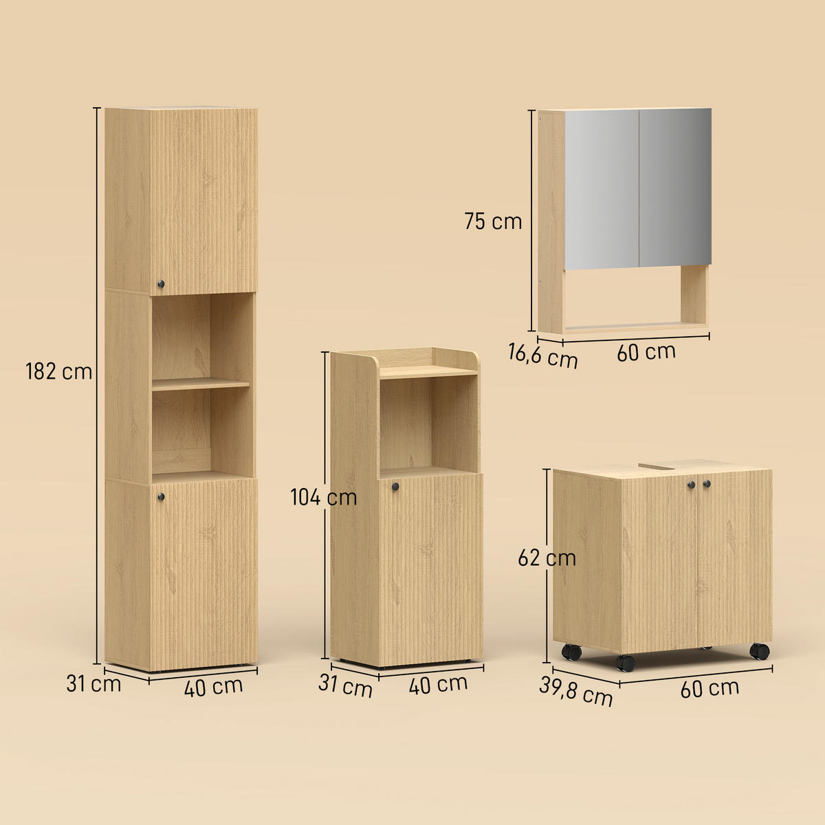 BADSCHRANK 4er Set Spanplatte MDF Eiche - Eichefarben, Holzwerkstoff (31/182/40cm) - HOMCOM