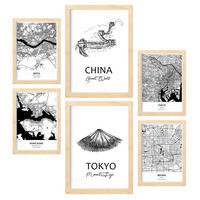 POSTER Set Mit 6 Drucke Von Ostasien Von Karten In Schwarz Weiß A3 & A4 Rahmen Aus Hellem Holz - Beige, Papier (29/3cm) - Nacnic