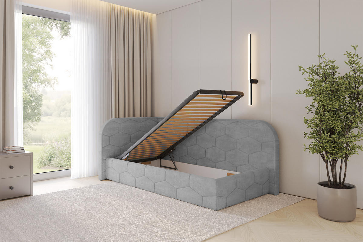 EINZELLBETT Jugendbett mit Bettkasten und Matratze H3/H4, Rechts - JAXY 90x200 Grau - Silberfarben, Holzwerkstoff/Textil (90/200cm) - ALTDECOR