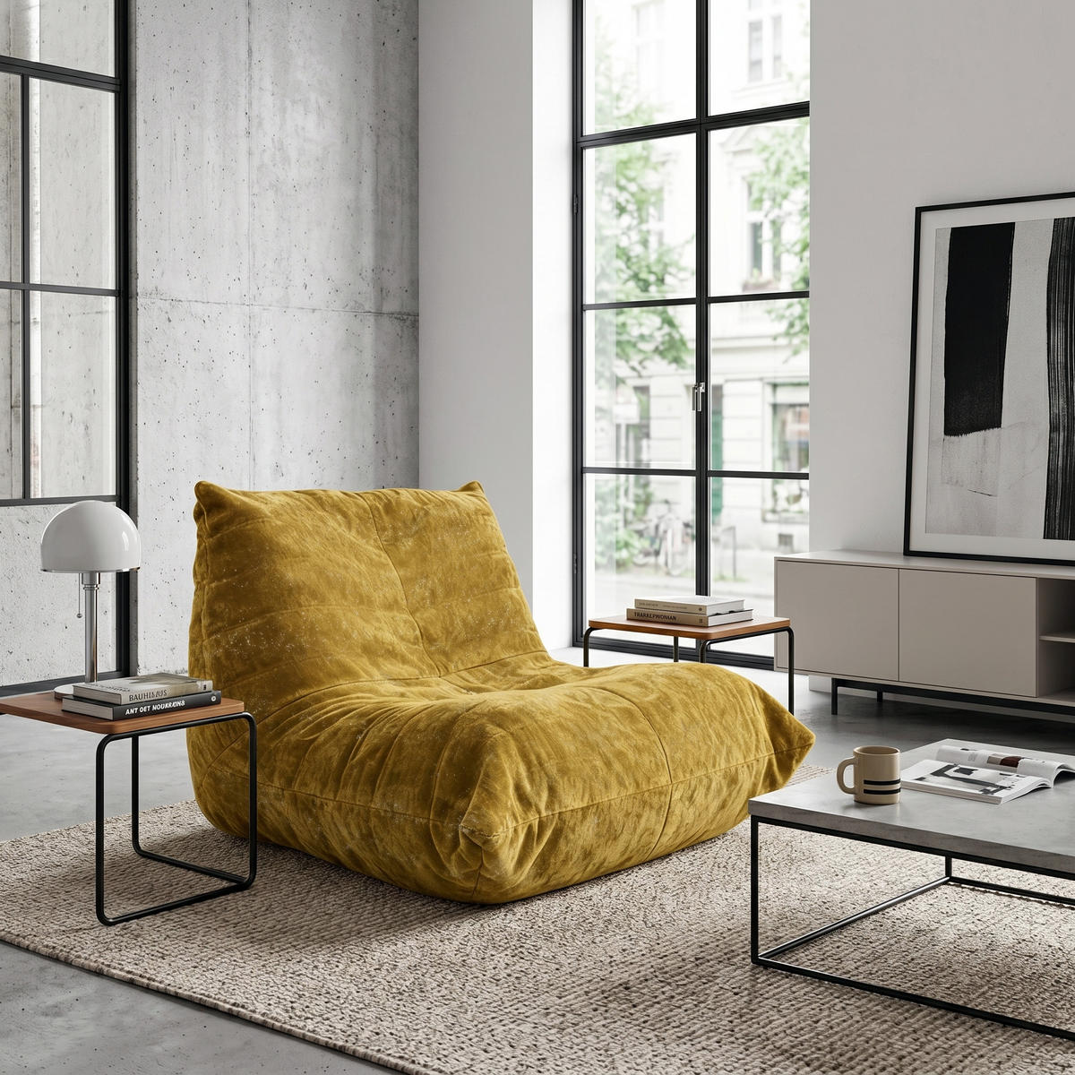 PAT SINGLE industrial cu tăblie de depozitare în nuc și aspect lemn negru - galben, material textil (90/80/100cm) - Urban Meuble