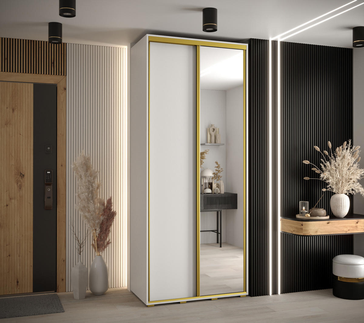 SCHWEBETÜRENSCHRANK 235,2/120/60 2-türig - Goldfarben/Weiß, Holz/Metall (120/235/60cm) - Abiks Möbel