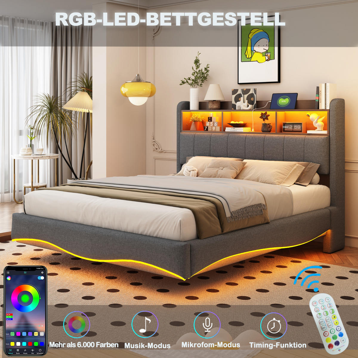 POLSTERBETT 140x200 cm Grau Leinen Stauraum LED USB Type-C - Grau, Holzwerkstoff - FLIEKS