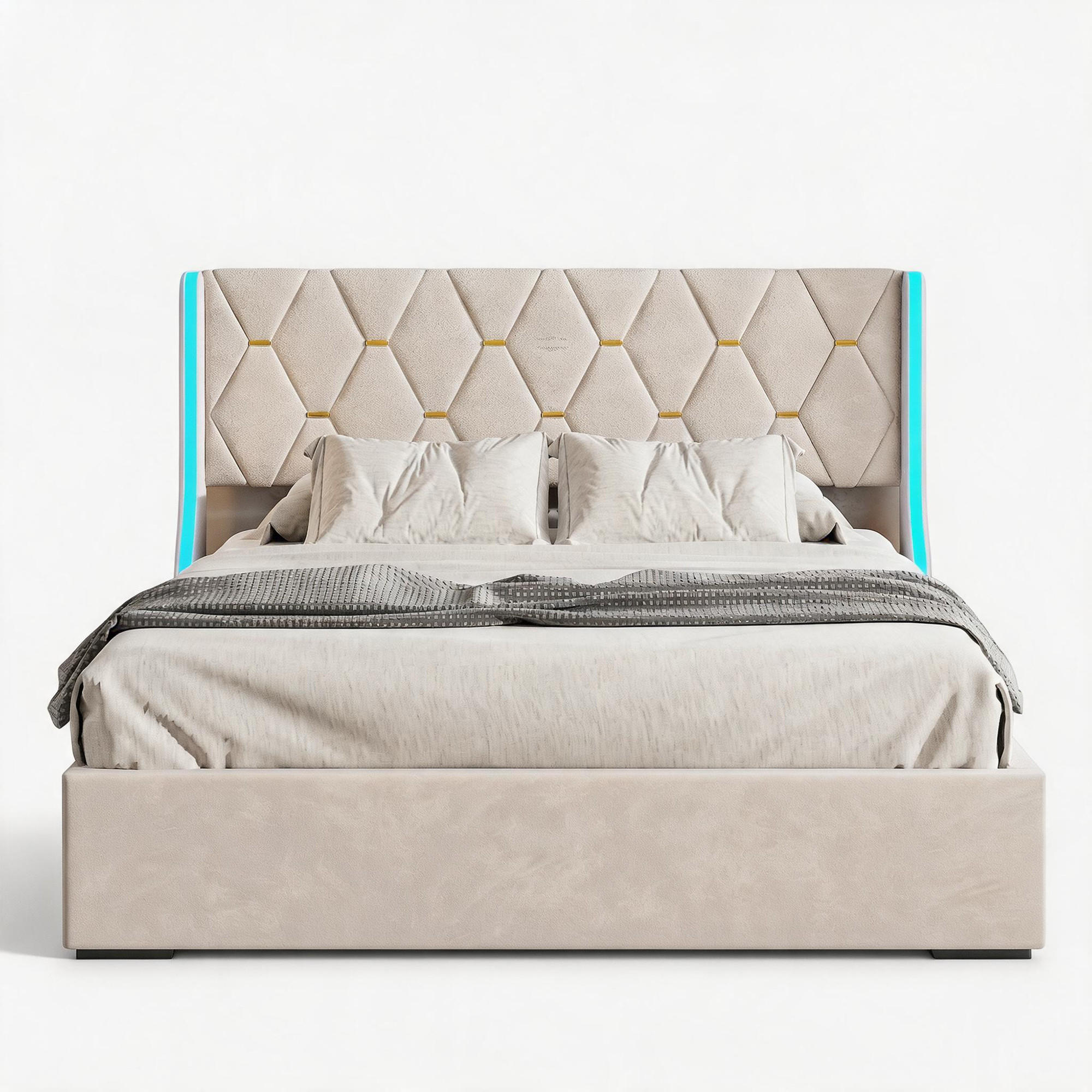 POLSTERBETT 140x200 cm mit LED, Doppelbett 140x200 cm mit Bettkasten, Lattenrost, Bett 140x200, Beige samt - Beige, Holzwerkstoff/Textil (140/200cm) - GENKI LIVING