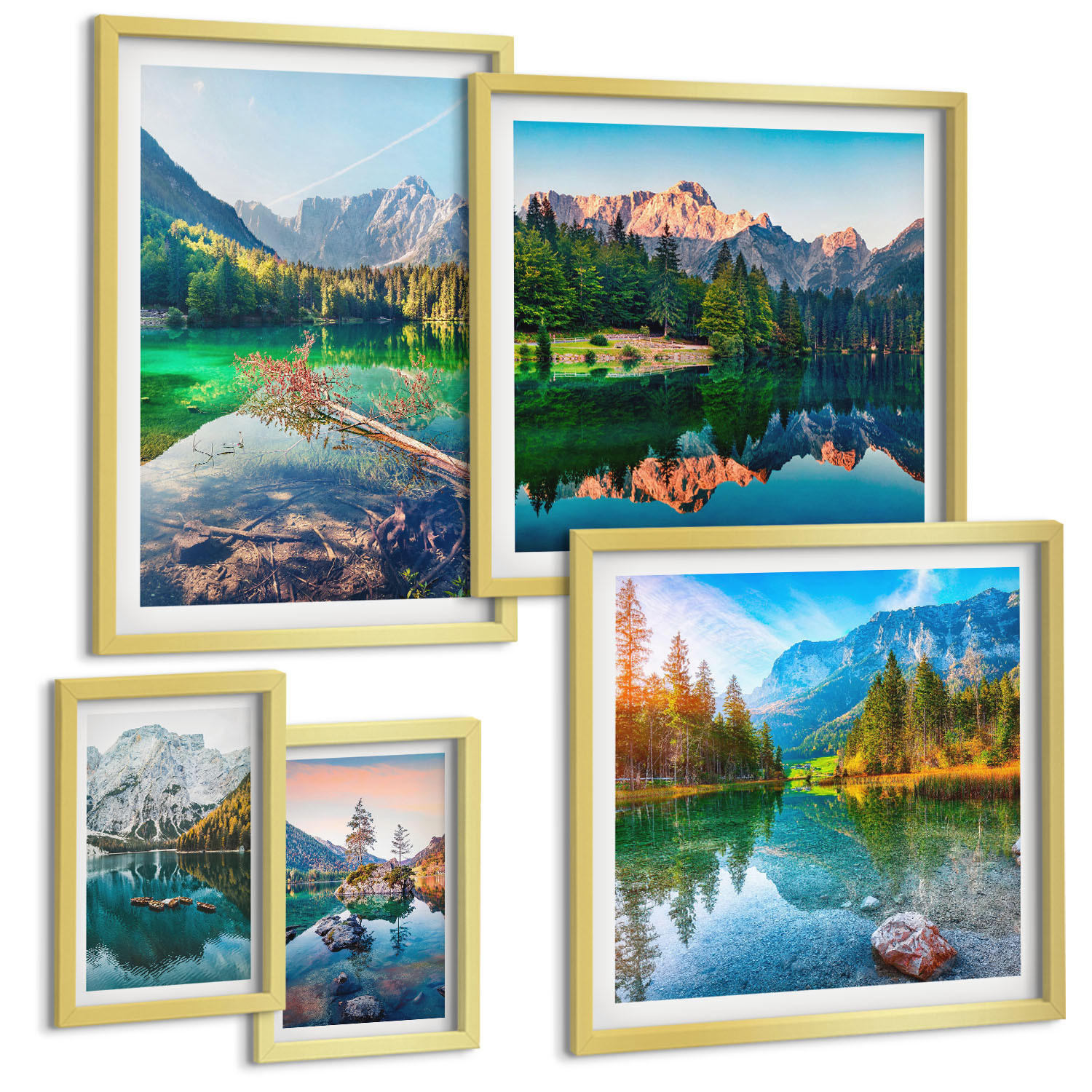 BILDER SET 5er Set - 50x50 cm & 20x30 cm & 40x60 cm Goldrahmen - Spiegelung des Waldes in Bergseen - Goldfarben, Kunststoff (40/60cm) - TULUP