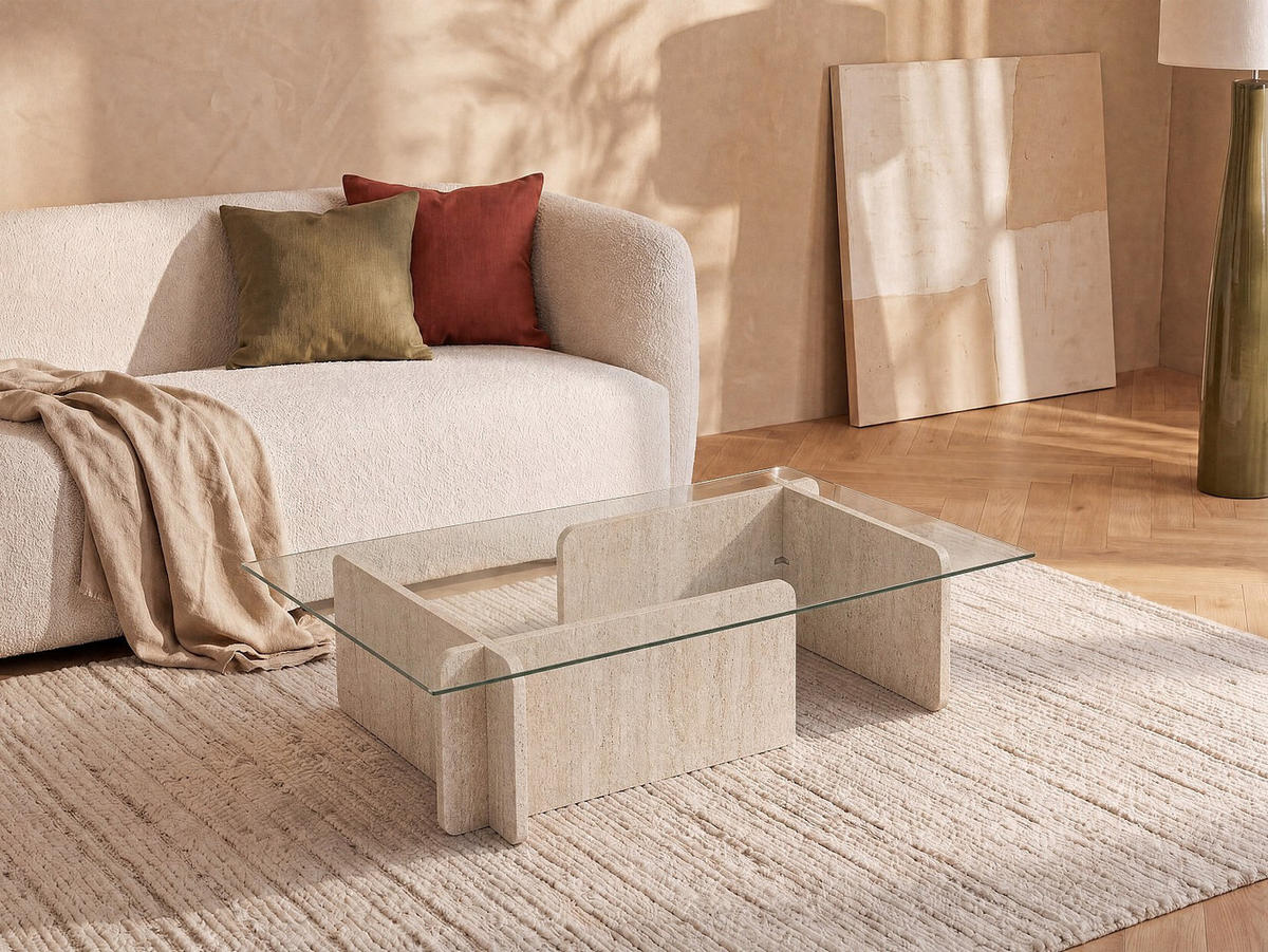 COUCHTISCH - 105 cm x 65 cm - holz - transparent, beige Azra - Transparent/Creme, Glas/Holz (65/105/30cm) - Vente-Unique