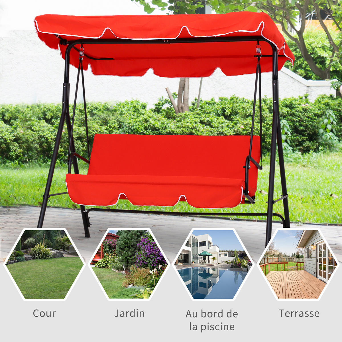 HOLLYWOODSCHAUKEL DE-15227 3-Sitzer mit verstellbarem Dach Rot - Rot, Metall (110/152/172cm) - ComfortXL