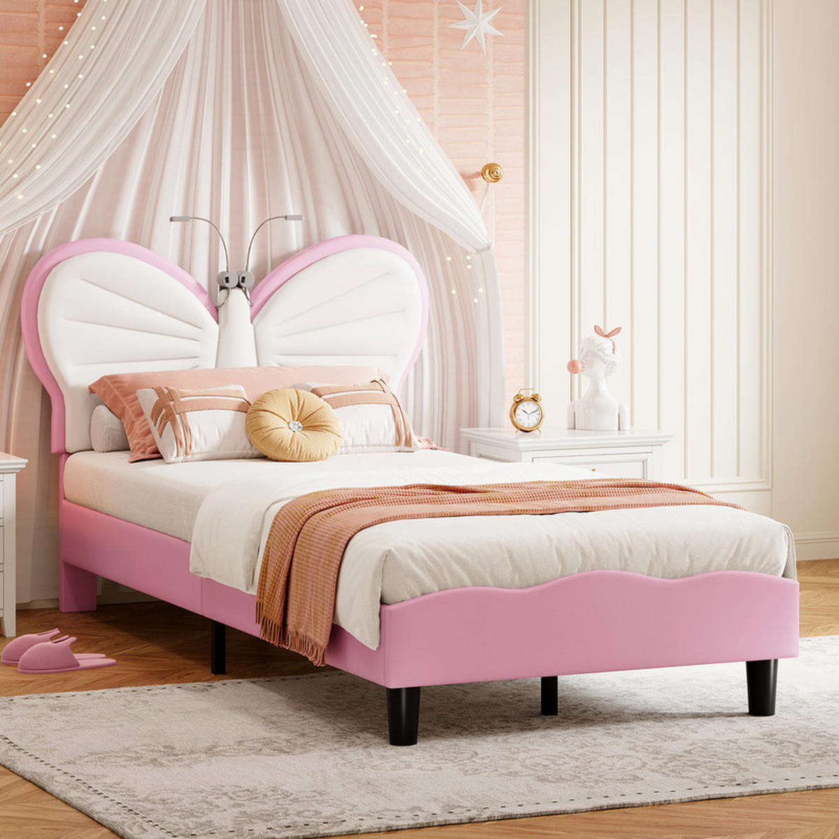 KINDERBETT 90x200 cm, Samt, Weiß und Rosa, mit LED-Leselampe und Lattenrost, Schmetterlings-Kopfteil - Rosa, Holz (90/200cm) - WoodenAura
