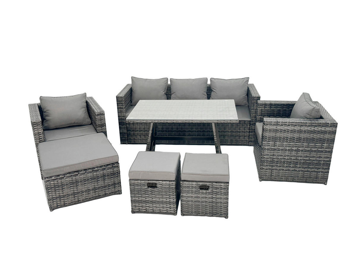 GARTENMÖBELSET mit Esstisch,Beistelltisch,Hocker 8-Sitzer Grau - Dunkelgrau/Grau, Glas/Kunststoff - Fimous