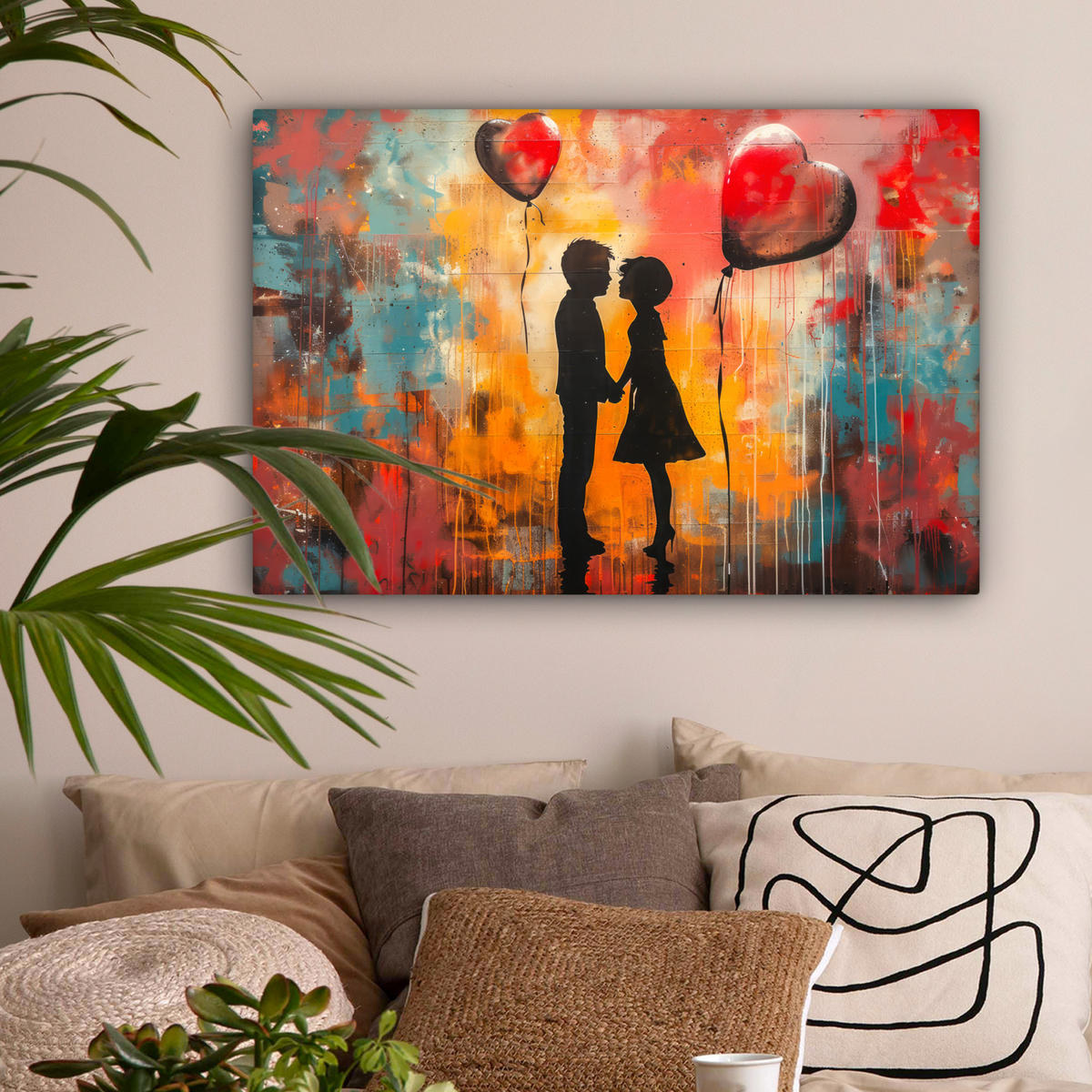 LEINWANDBILD Straßenkunst - Liebe - Graffiti - Kunst - Banksy Gemälde 60x40 cm - Orange, Textil (60/40cm) - MuchoWow