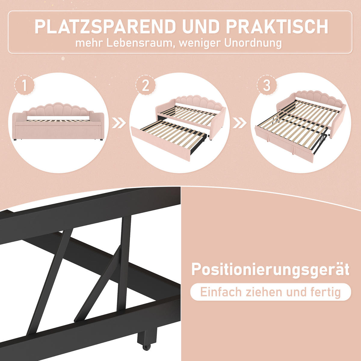 TAGEBETT 90x200cm + 180x200cm Rosa Samt Ausziehbett LED-Streifen - Pink, Holz (180/200cm) - FLIEKS