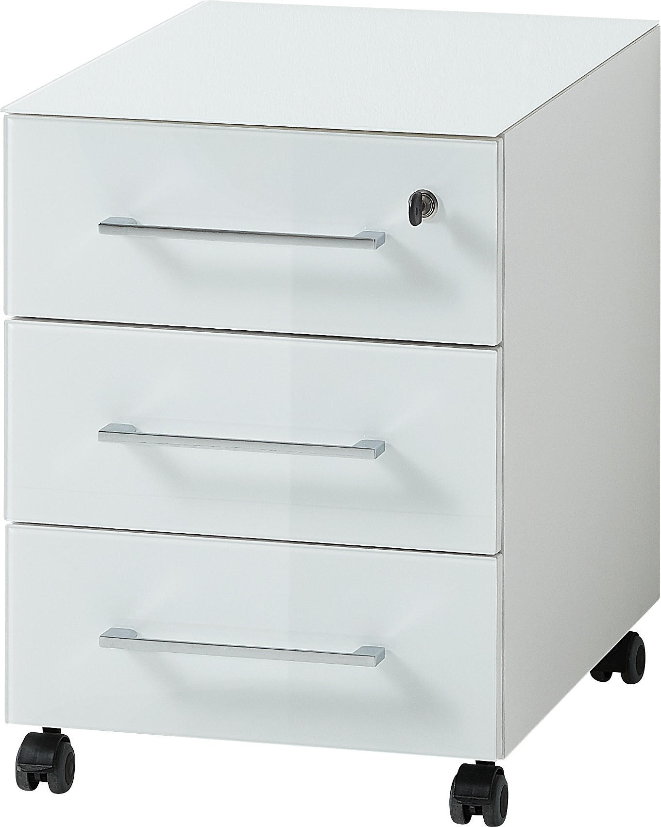 ROLLCONTAINER Glasfront 3 Schubladen Soft-Close & Abschließbar, Serie "Muenchen" Weiß - Weiß, Holzwerkstoff/Metall (40/55/50cm) - KADIMA DESIGN