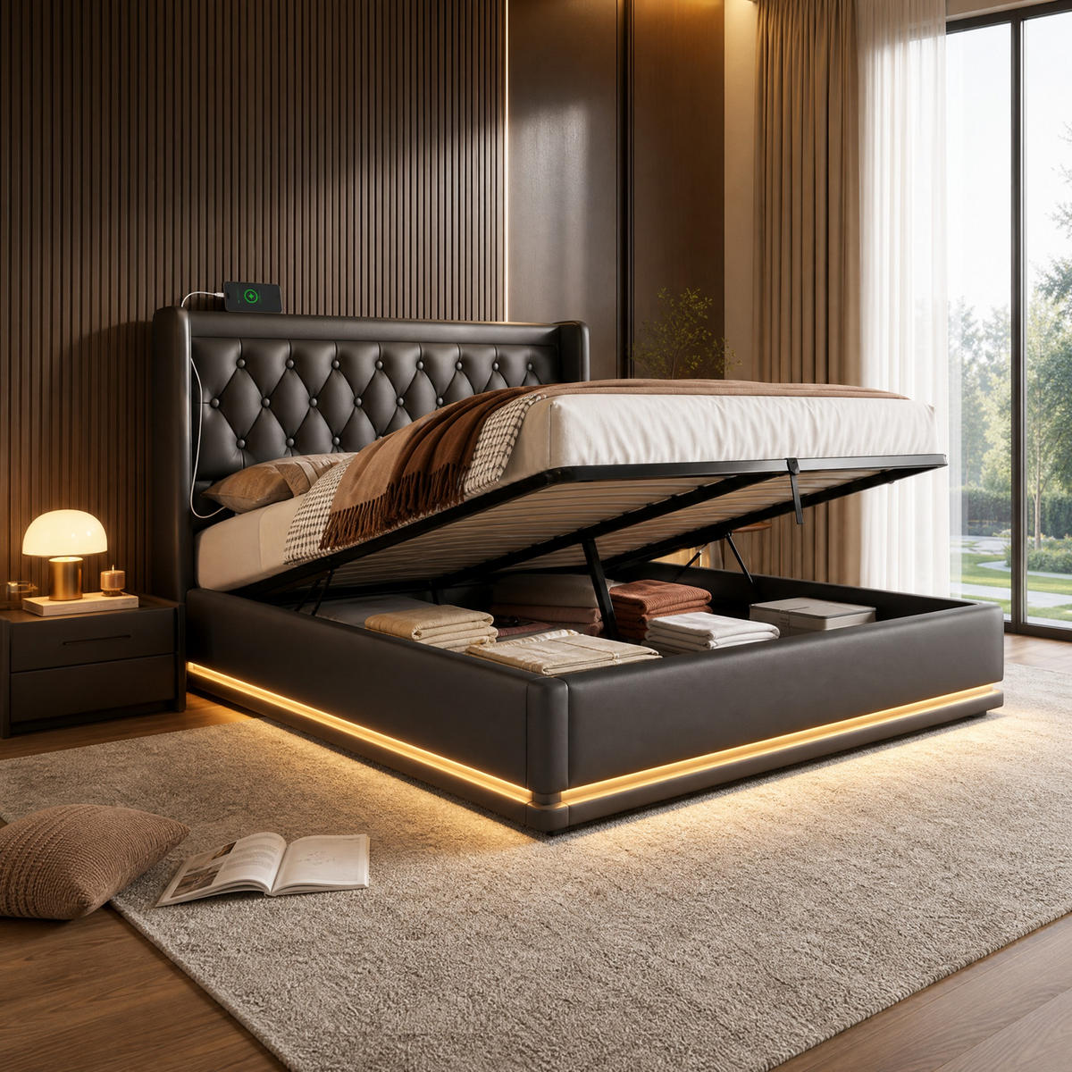 POLSTERBETT 160/200 cm in Schwarz mit Bettkasten, LED, USB und Type-C - Schwarz, Holzwerkstoff/Textil (160/200cm) - STILVORA
